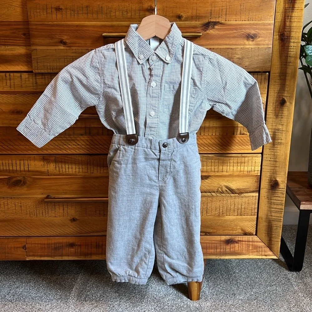 Janie & Jack Baby Boys Twill Suspender Pants & Long Sleeve Button Down Shirt Set